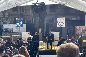 Pope Francis attends a meeting with the Jewish community in Rybné námestie Square in Bratislava, Slovakia, Sept. 13, 2021.
